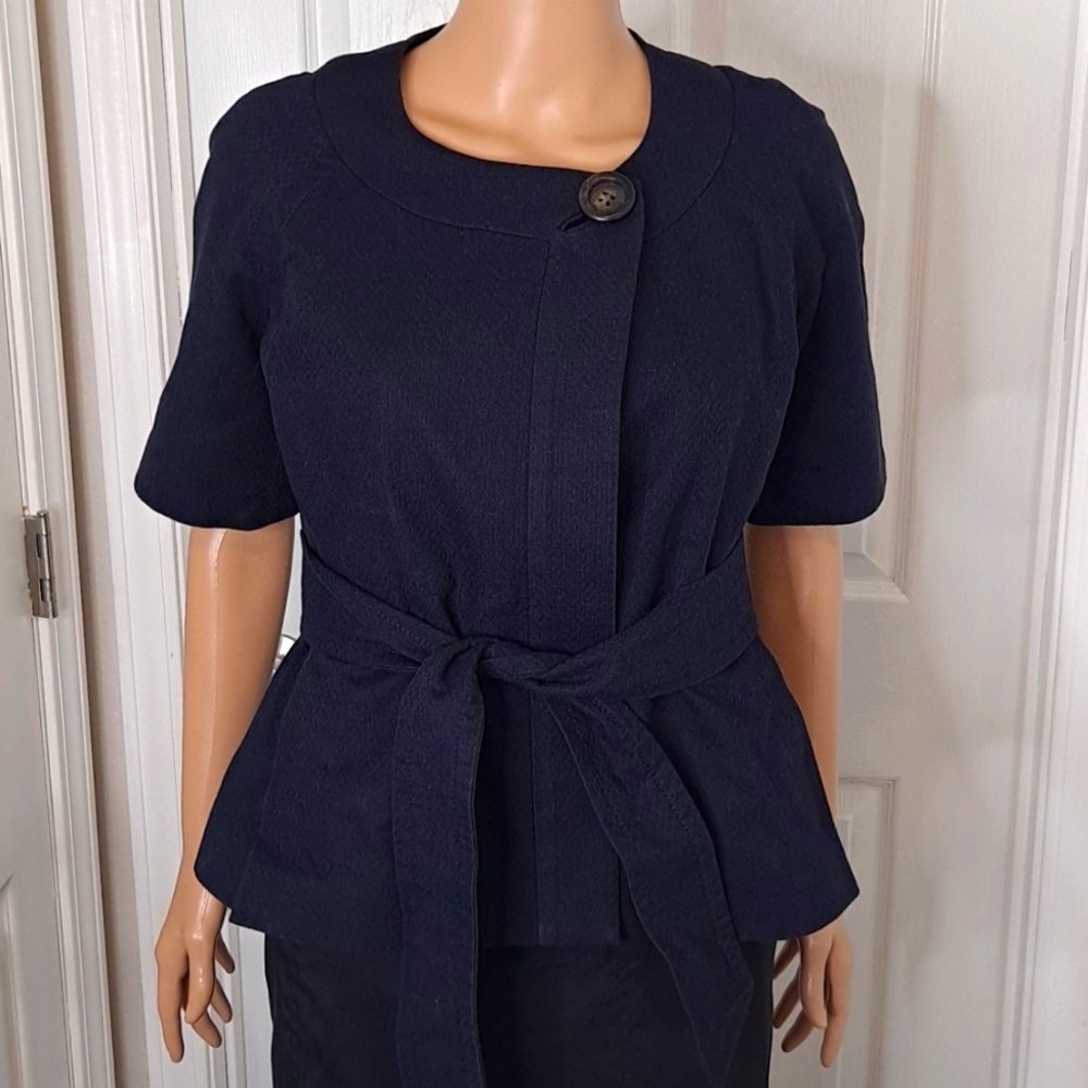 J. Crew Women's Navy Blue Button Belted Tie Short-Sleeve Jacket